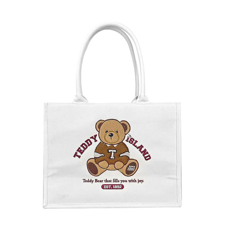 Borsa tote in tela con orsetto ricamato in peluche Teddy Island