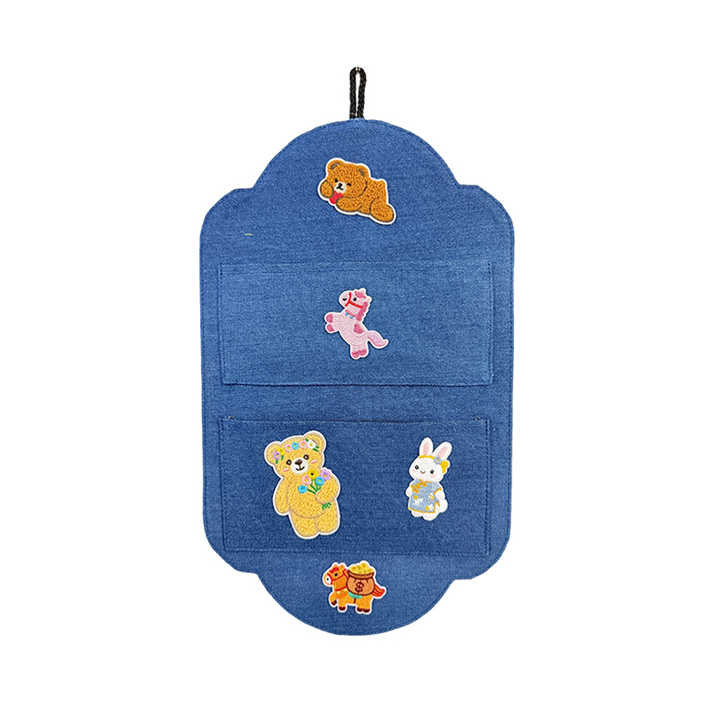 Organizer da toilette da appendere in denim con toppe rimovibili