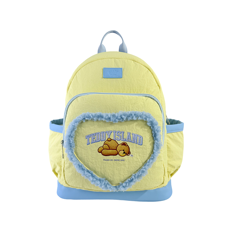 Zaino Casual Academy con orsacchiotto a forma di cuore fuzzy giallo blu
